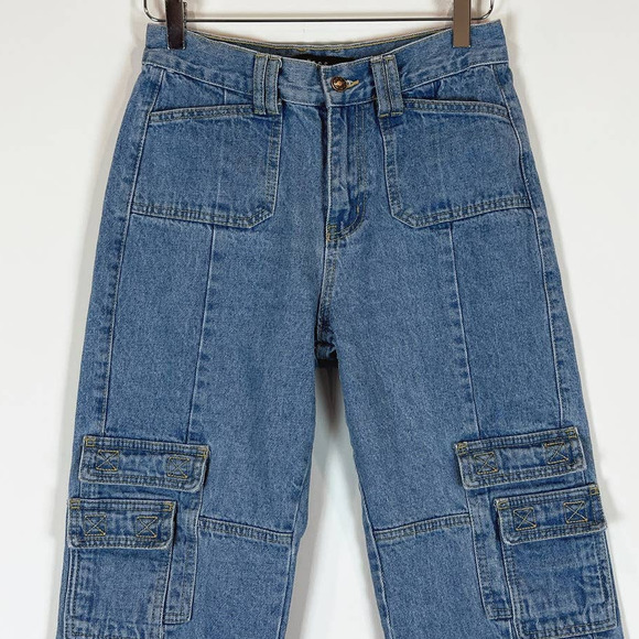 Lioness Cargo High Rise Straight Leg Jeans Medium Wash Women's Size Medium - Picture 3 of 7